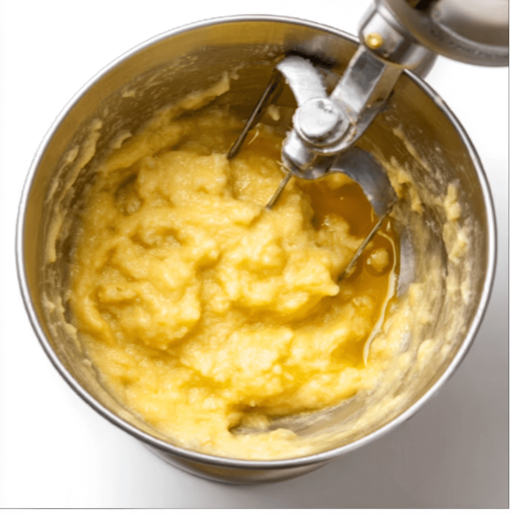 adding bananas and eggs to chocolate chip banana bread batter