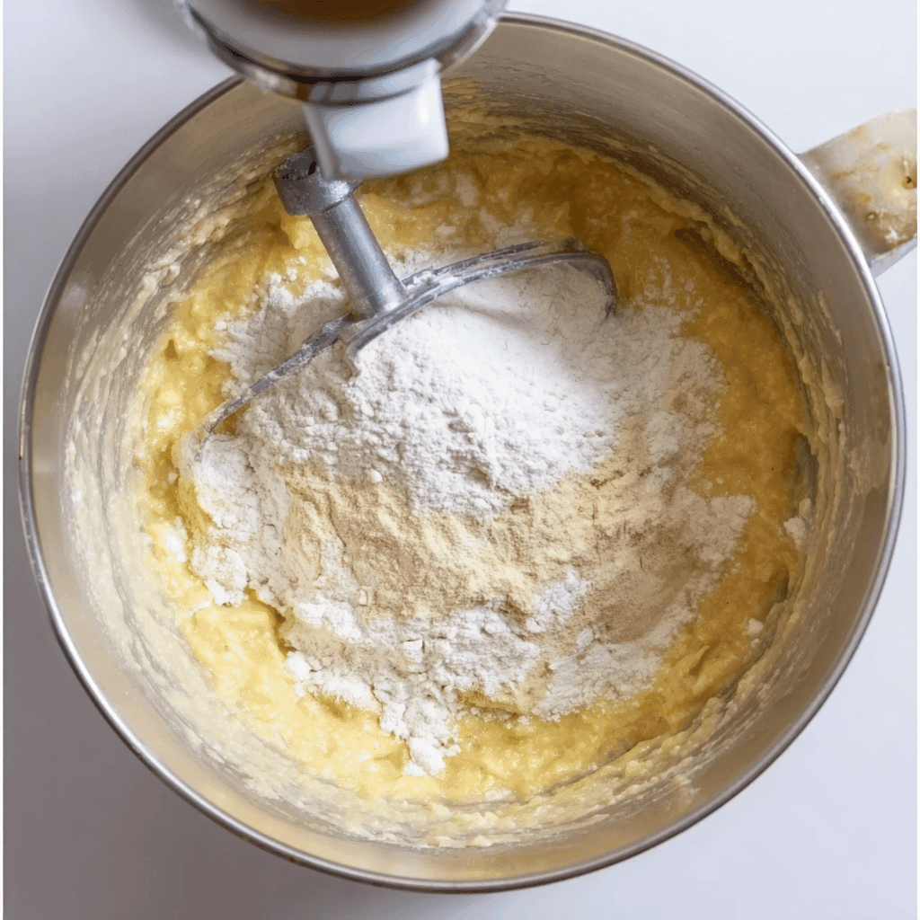 adding dry ingredients to chocolate chip banana bread batter
