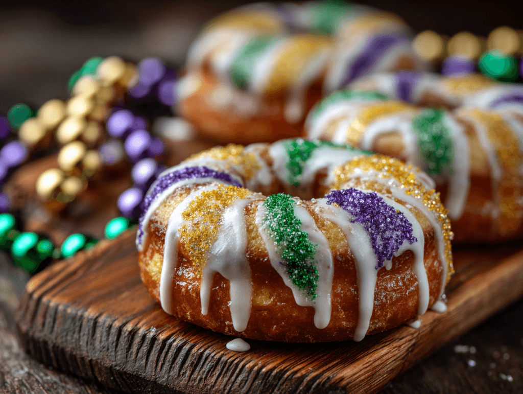 Air Fryer Mini King Cakes with glaze and Mardi Gras sprinkles