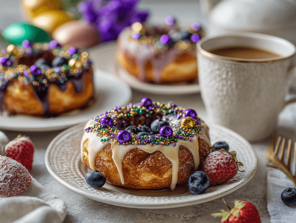 Air Fryer Mini King Cakes With a Joyful Mardi Gras Bite 3 Air Fryer Mini King Cakes served for brunch