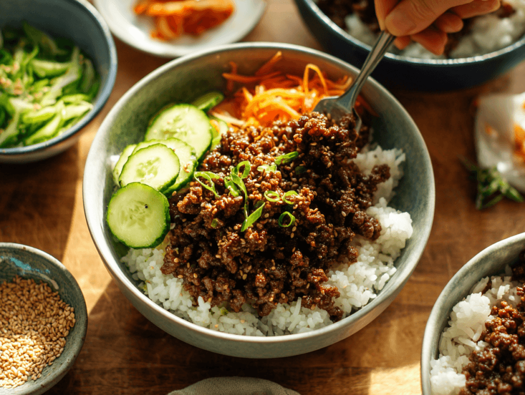 Ground Beef Bulgogi Bowls That Taste Bold and Cook Fast 3 Assembling Ground Beef Bulgogi Bowls with toppings