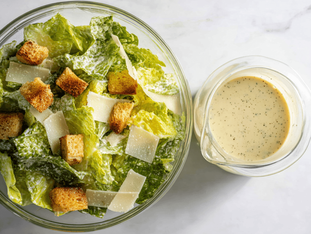 Authentic Caesar Dressing served with classic Caesar salad, croutons, and Parmesan