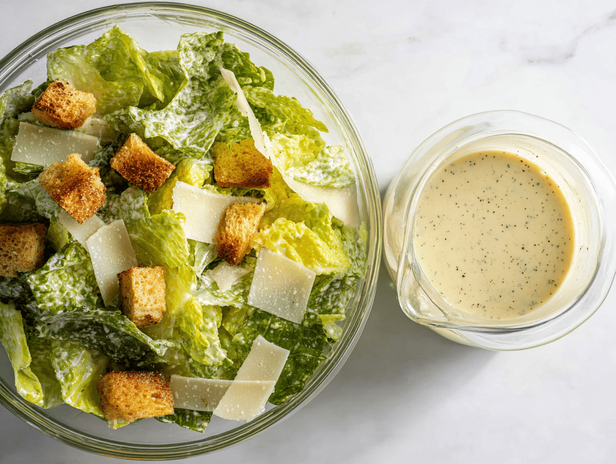 Authentic Caesar Dressing served with classic Caesar salad, croutons, and Parmesan
