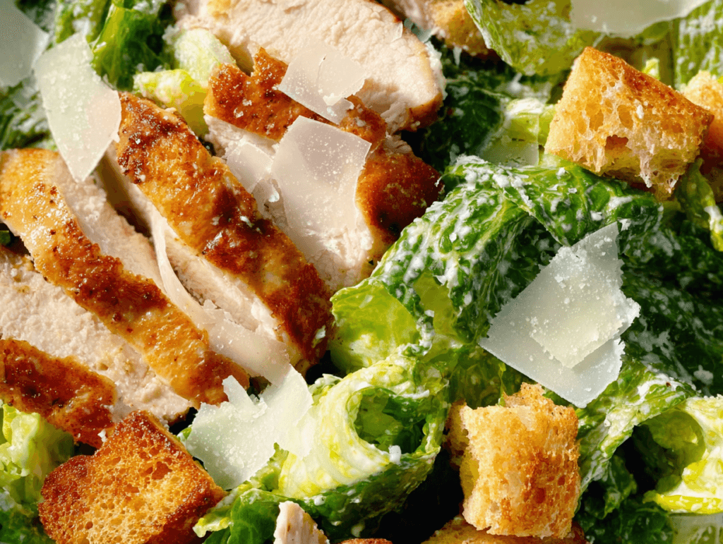 Chicken Caesar salad topped with parmesan and croutons using Authentic Caesar Dressing
