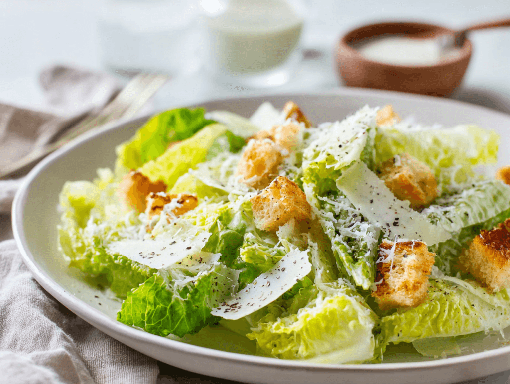 Plated Caesar salad made with Authentic Caesar Dressing, croutons, and shaved Parmesan