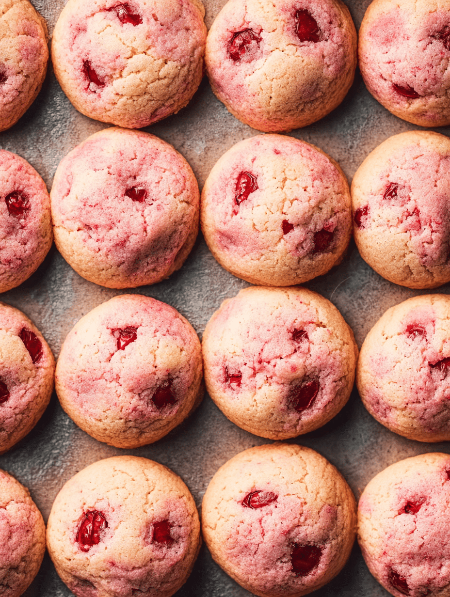 Baked cherry cookies arranged on a baking sheet with maraschino cherries