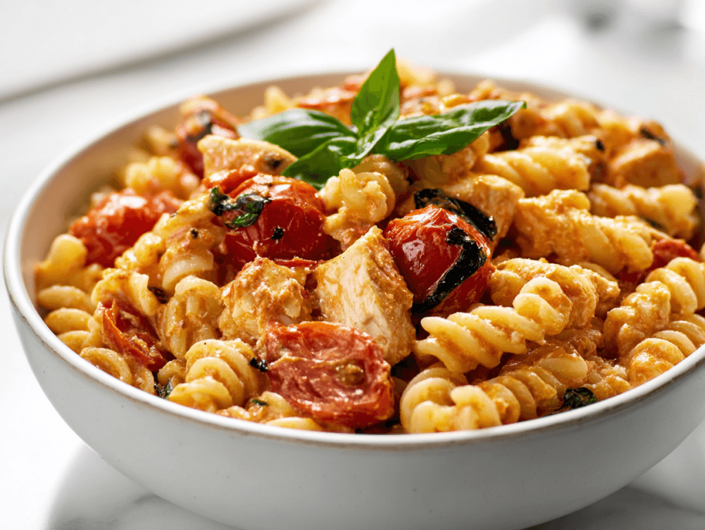 Baked feta chicken pasta with creamy feta-tomato sauce and basil