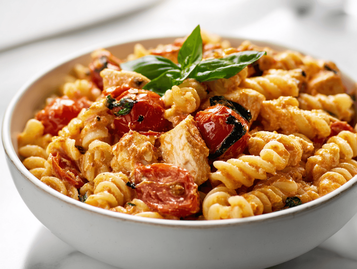 Baked feta chicken pasta with creamy feta-tomato sauce and basil