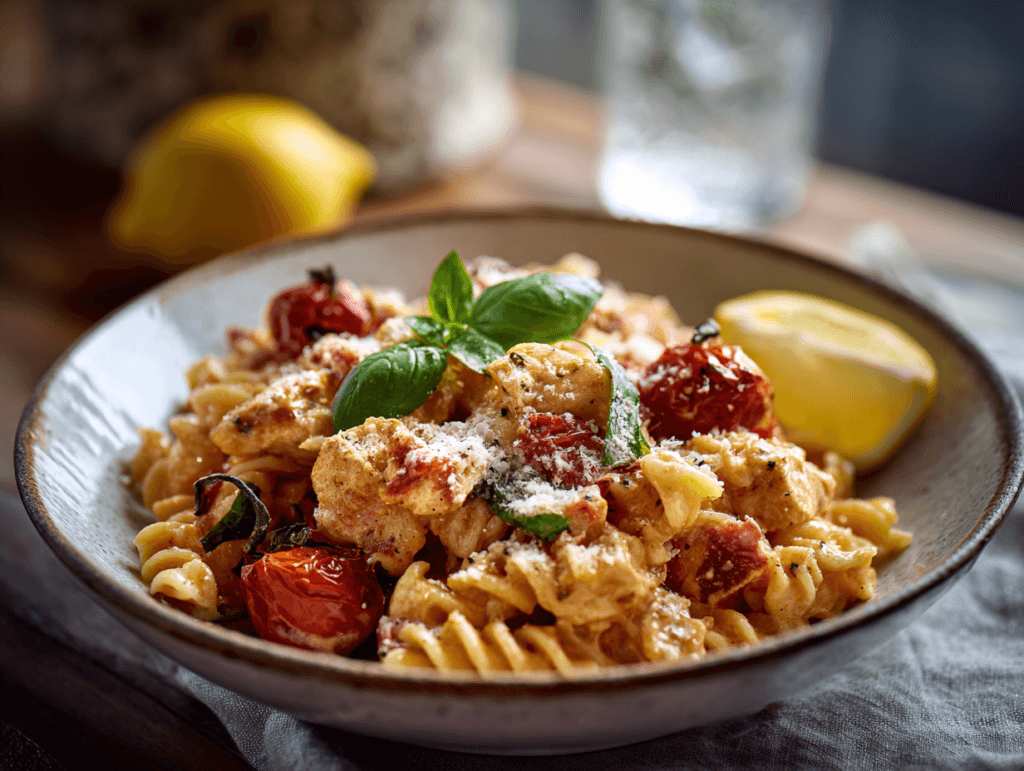 Baked feta chicken pasta mixed in the pan with basil and roasted tomatoes