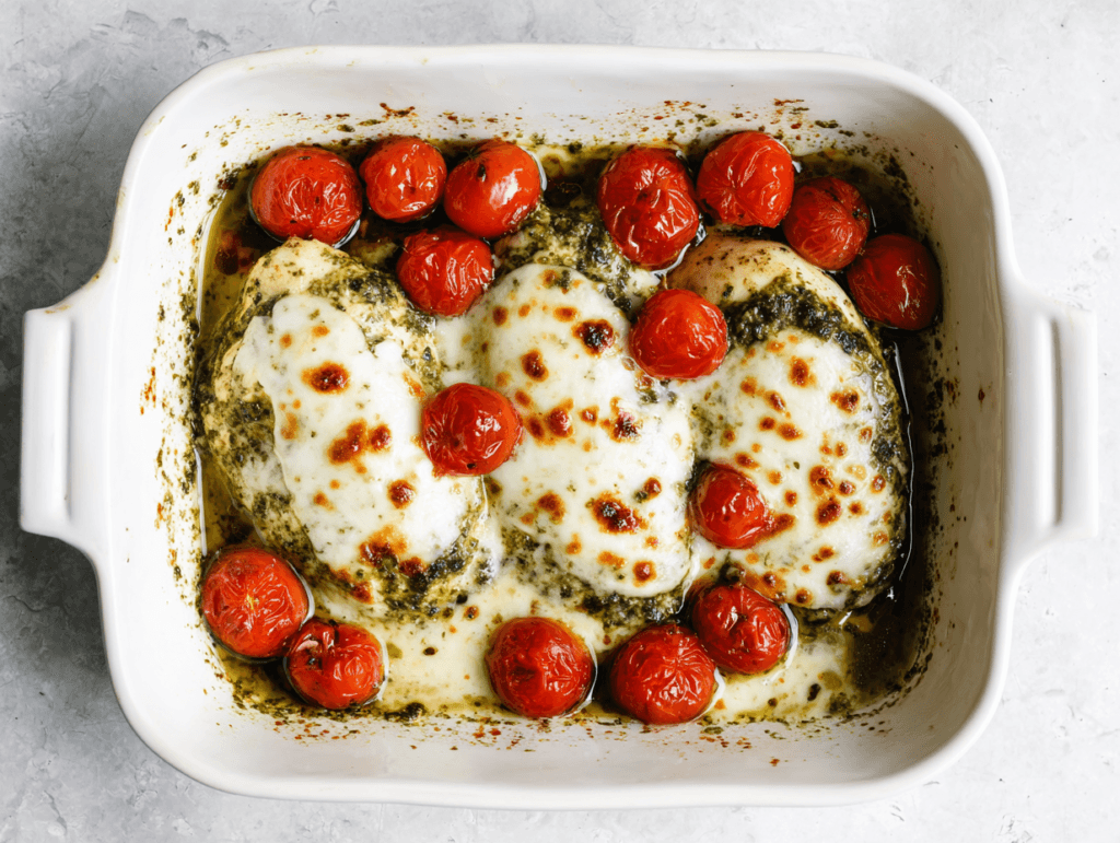 Baked Pesto Mozzarella Chicken in a white baking dish with roasted tomatoes