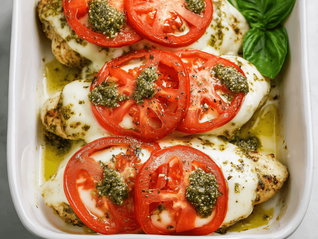 Baked Pesto Mozzarella Chicken That Feels Easy and Tastes So Good 2 Baked Pesto Mozzarella Chicken topped with tomato slices and basil pesto