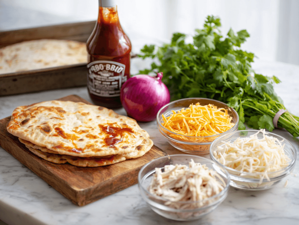 Ingredients for BBQ Chicken Flatbread Pizza with naan, BBQ sauce, shredded chicken, cheese, red onion, and cilantro
