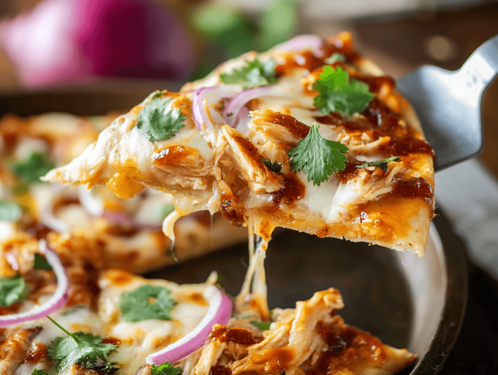BBQ Chicken Flatbread Pizza slice with melted cheese, red onion, cilantro, and BBQ drizzle