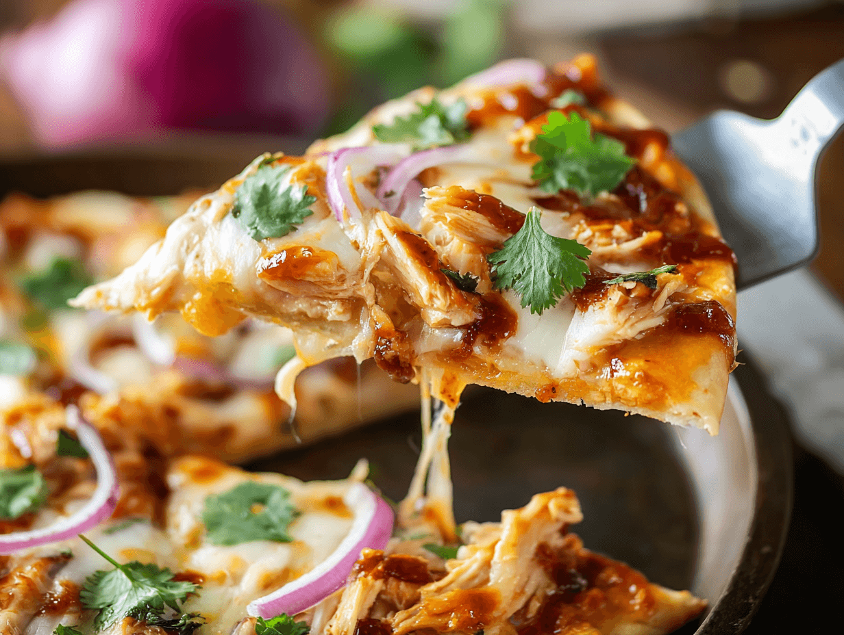 BBQ Chicken Flatbread Pizza slice with melted cheese, red onion, cilantro, and BBQ drizzle