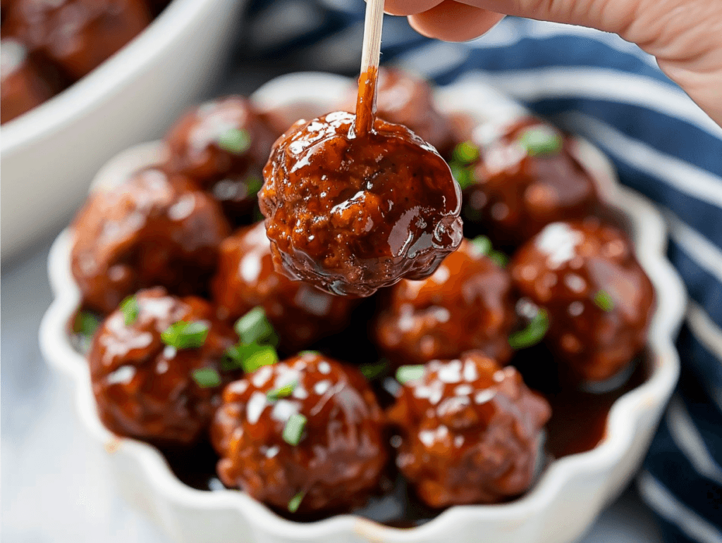 Hand holding a saucy 3-Ingredient Crockpot BBQ Meatball on a toothpick above a bowl