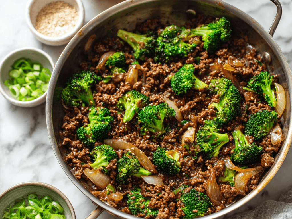 Beef and Broccoli Stir Fry – Better Than Takeout at Home 3 ground beef and broccoli stir fry cooking in skillet