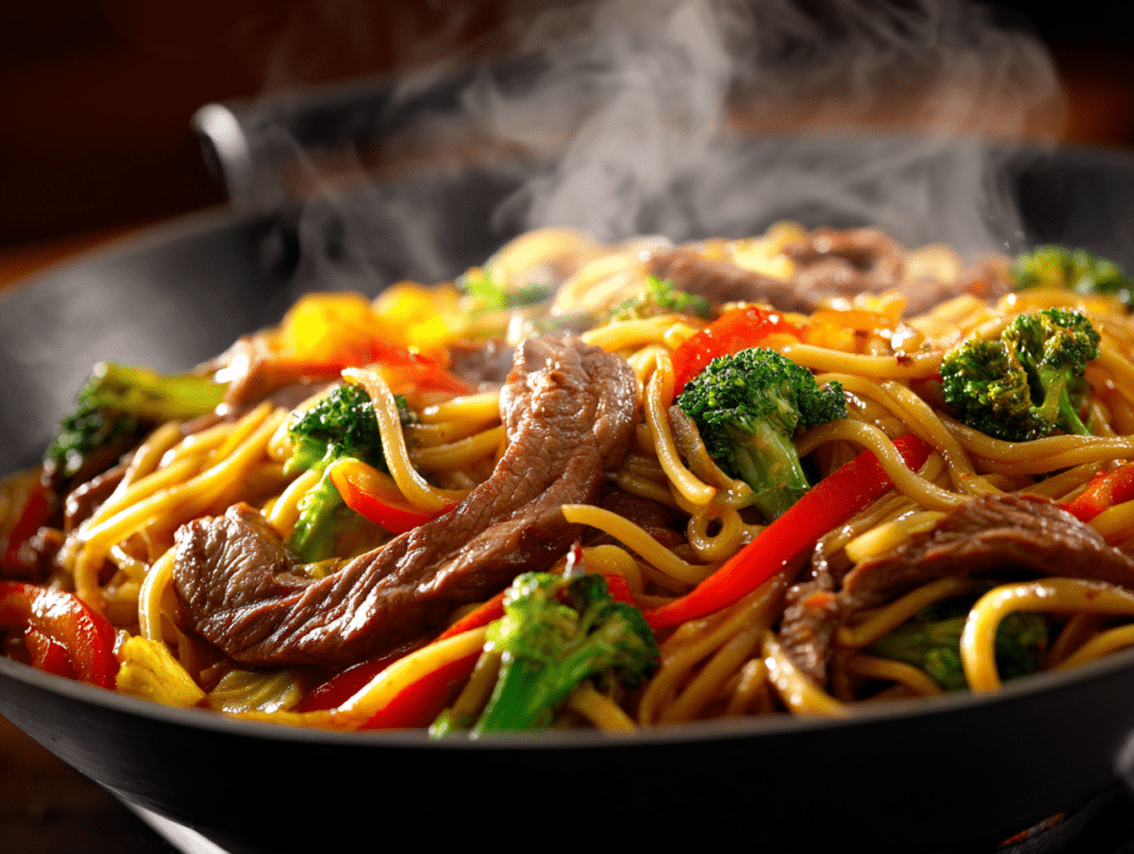 beef veggie stir fry noodles in wok with vegetables