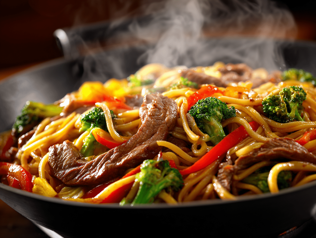 beef veggie stir fry noodles in wok with vegetables