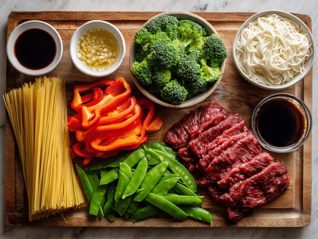 ingredients for beef veggie stir fry noodles laid out overhead