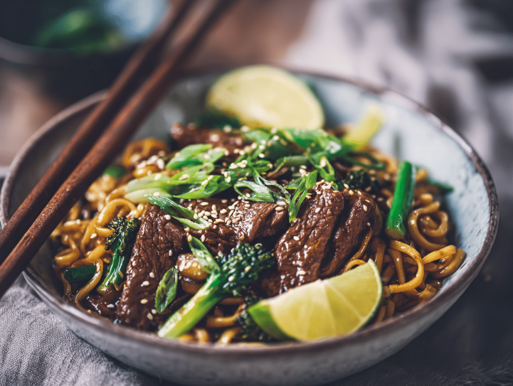 serving bowl of beef veggie stir fry noodles with scallions