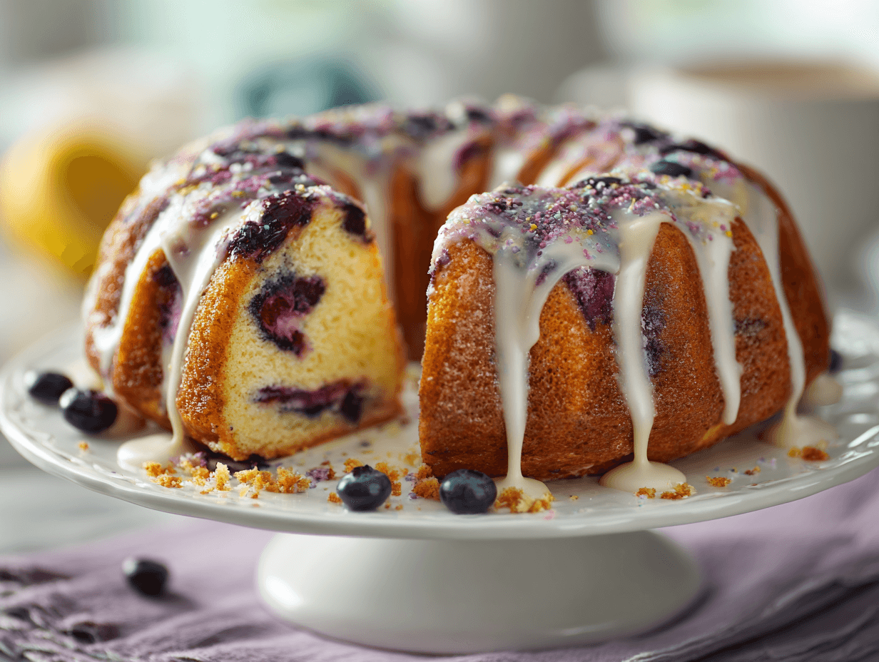 Blueberry Cream King Cake That Feels Like a Sweet Mardi Gras Win 4 Blueberry cream king cake on a cake stand with glaze