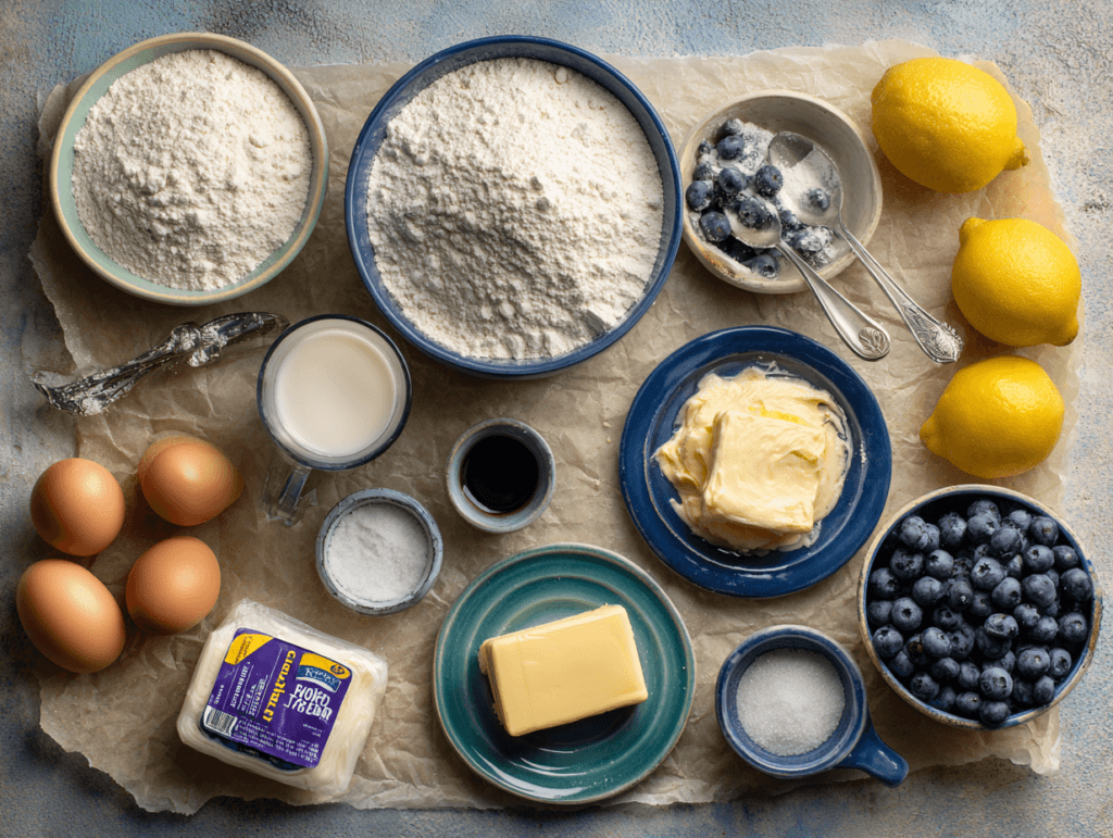 Blueberry Cream King Cake That Feels Like a Sweet Mardi Gras Win 2 Ingredients for blueberry cream king cake arranged on a counter