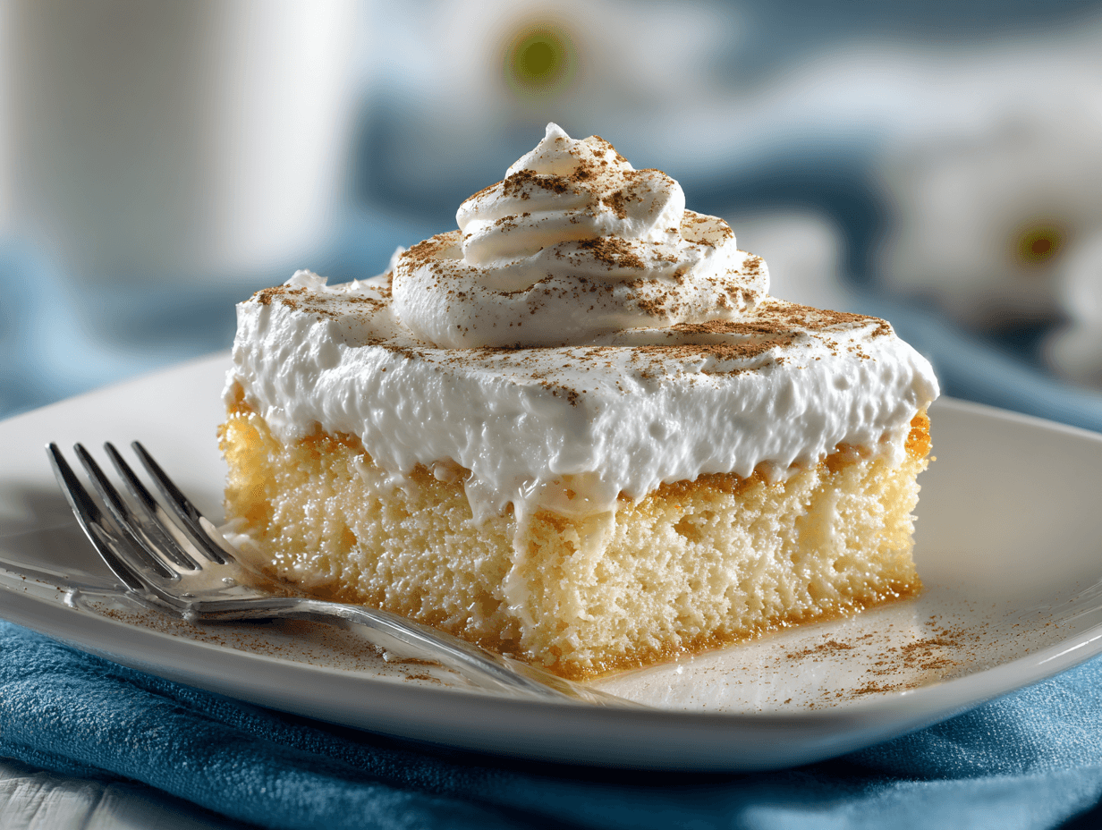 Box cake tres leches slice with whipped cream topping