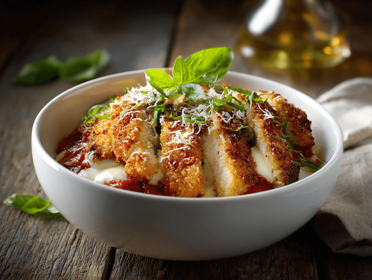 Serving bite of Cheese Chicken Parm Bowl with stretchy mozzarella