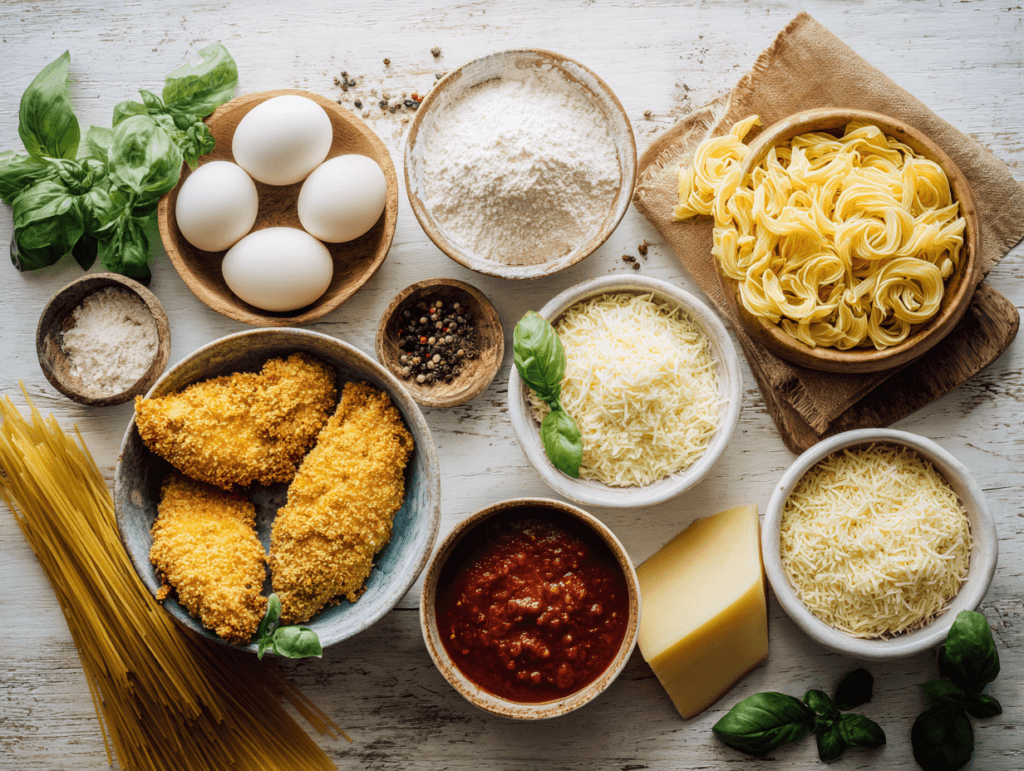 Ingredients for Cheese Chicken Parm Bowl laid out on a counter