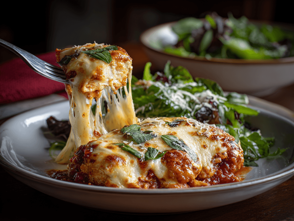 Serving bite of Cheese Chicken Parm Bowl with stretchy mozzarella