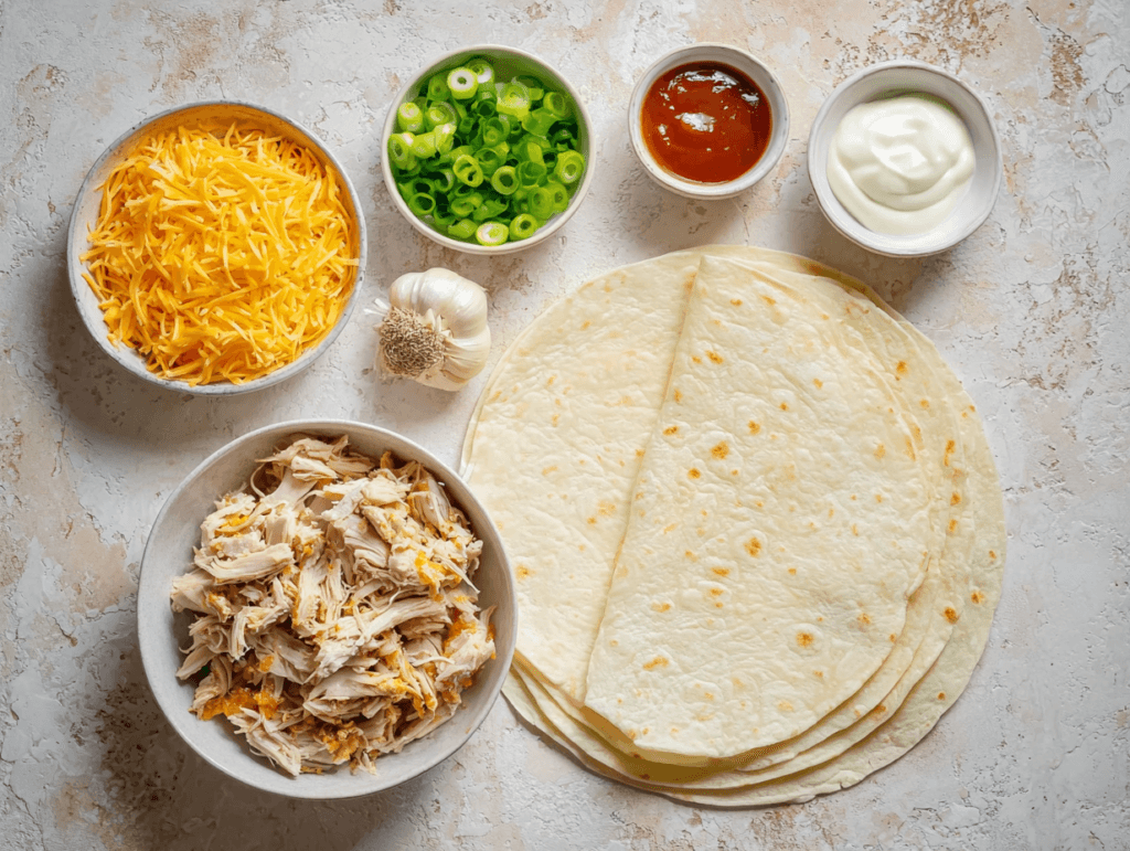 Ingredients for cheesy garlic chicken wraps laid out on stone surface