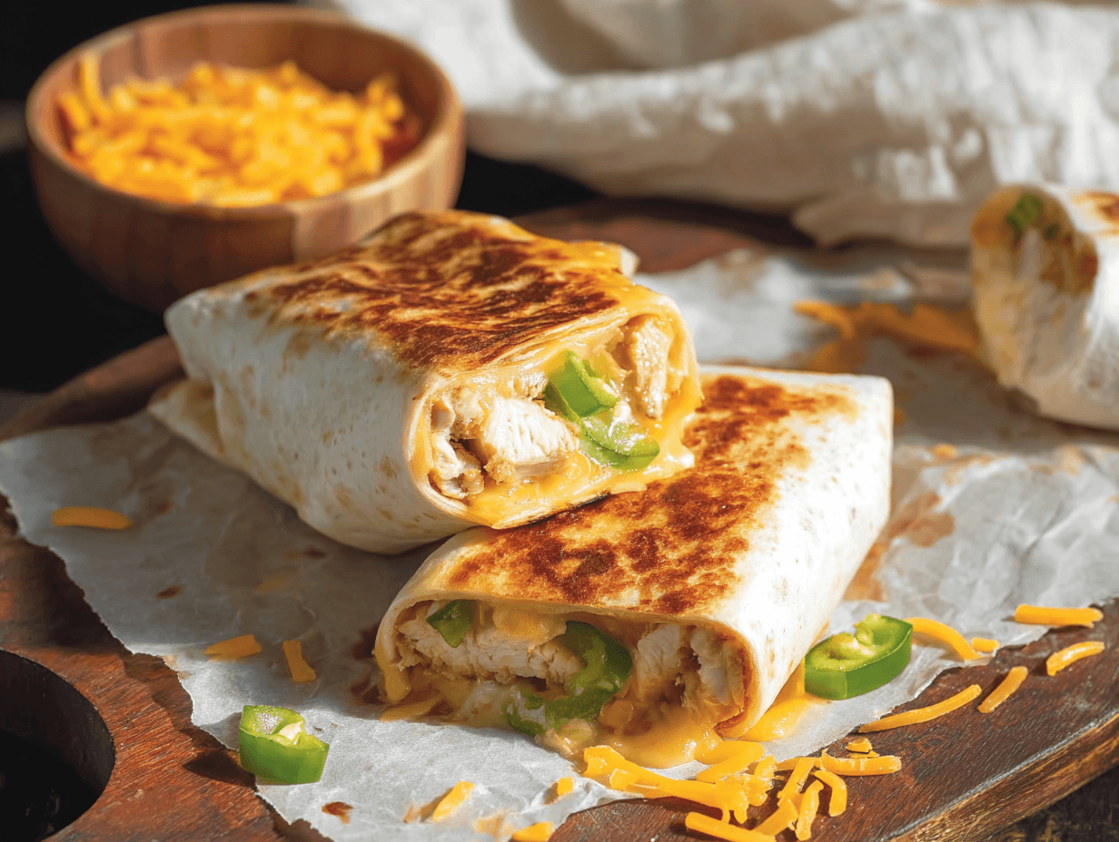 Cheesy garlic chicken wrap recipe sliced with melted cheese and green peppers