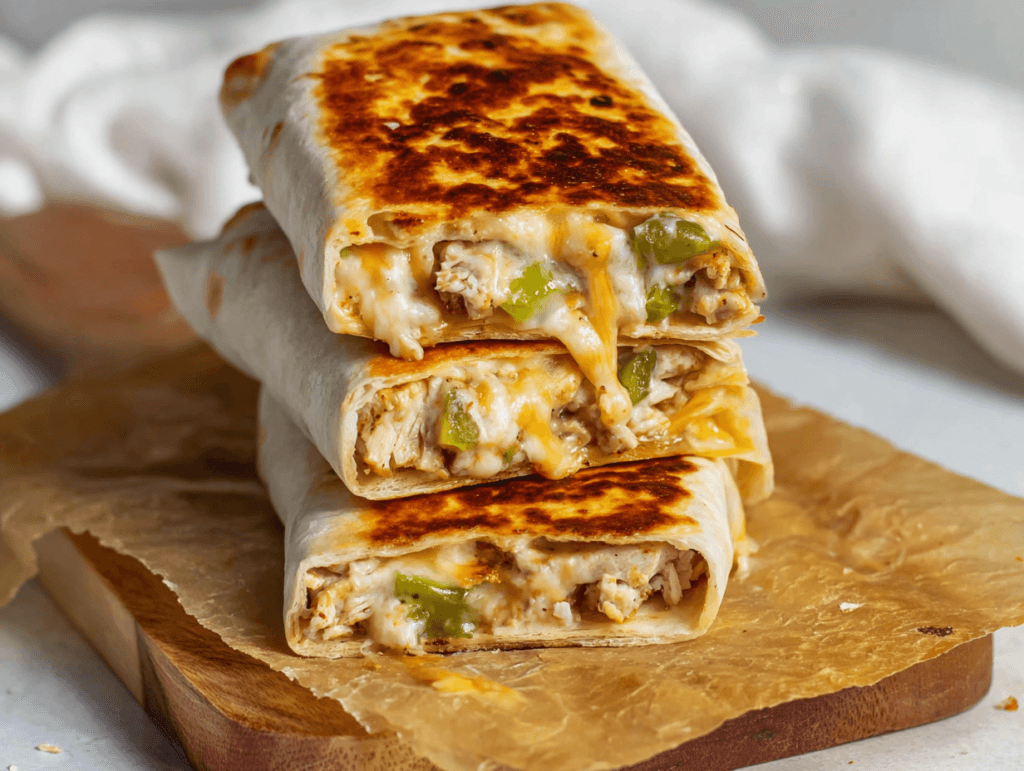 Sliced cheesy garlic chicken wraps stacked with gooey filling