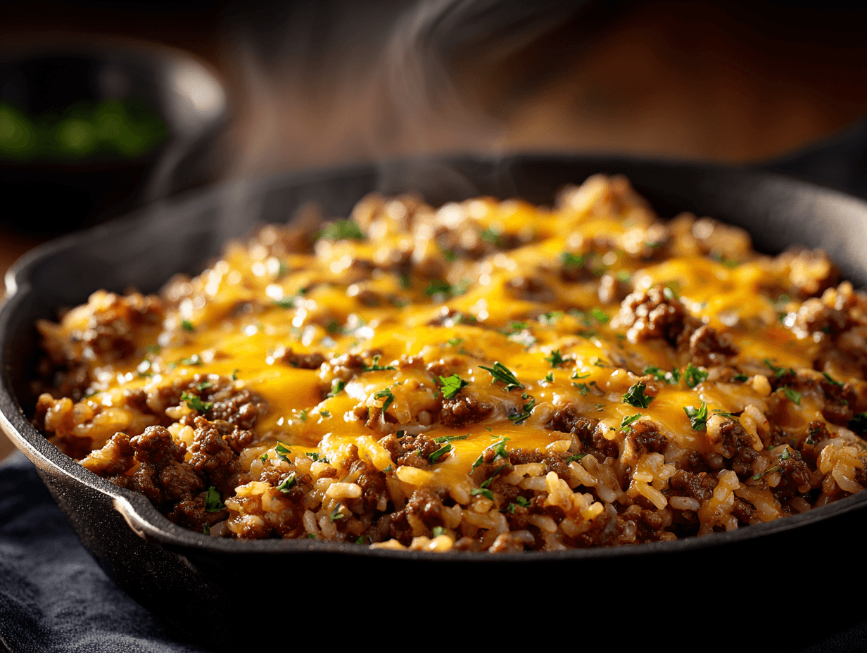 cheesy ground beef and rice skillet in a cast-iron pan