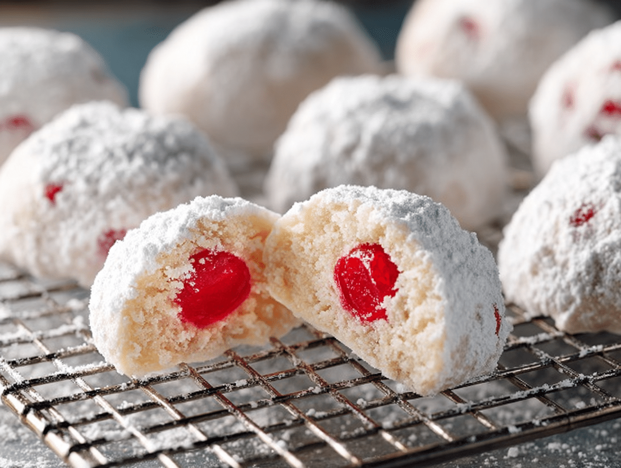 cherry-snowball-cookies-cherry-center Cherry snowball cookies with powdered sugar and a maraschino cherry center
