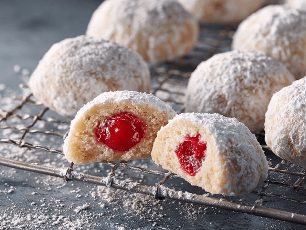 Cherry snowball cookies dusted with powdered sugar with a maraschino cherry center