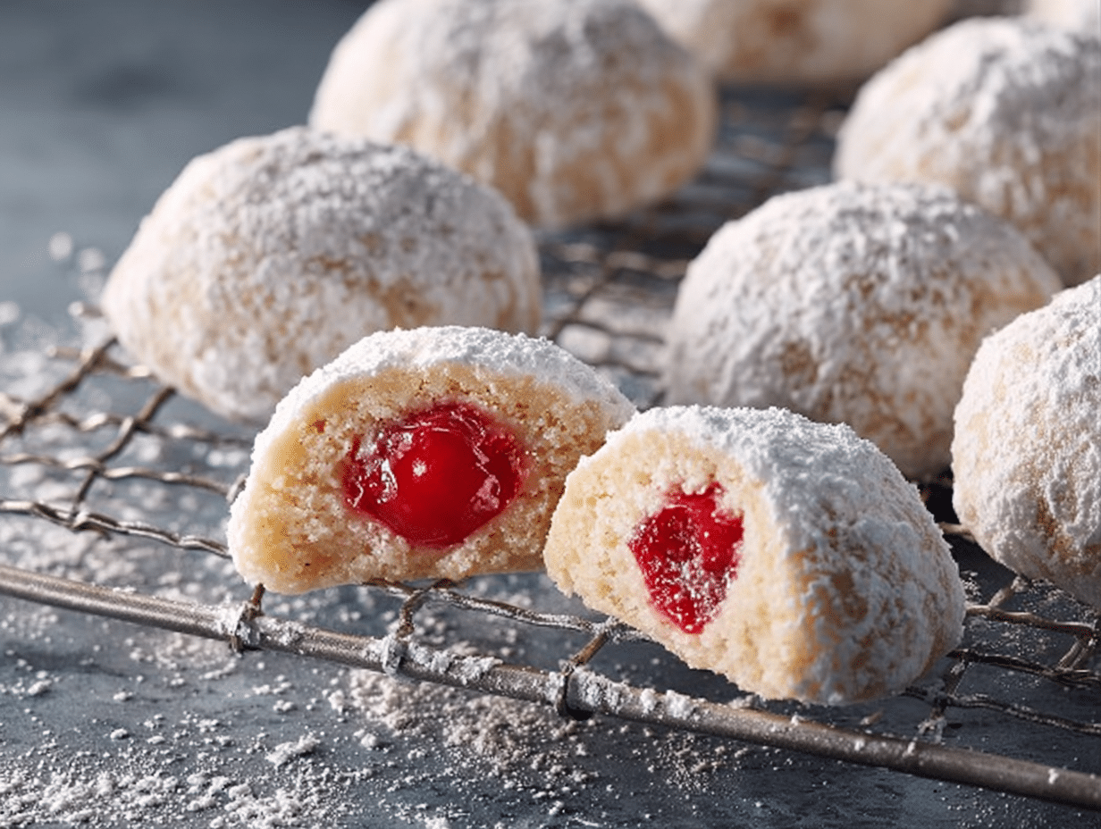 cherry-snowball-cookies-powdered-sugar Cherry snowball cookies dusted with powdered sugar with a maraschino cherry center
