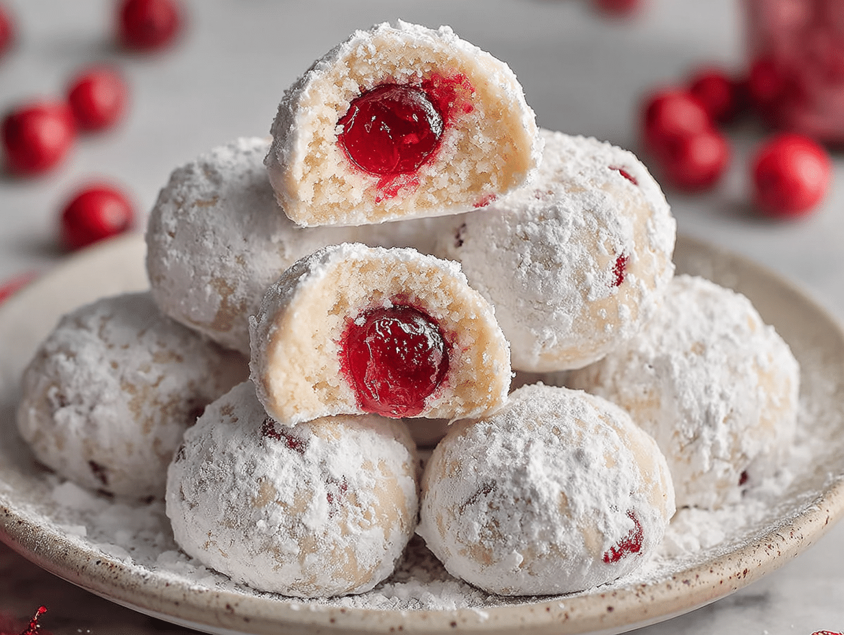 cherry-snowball-cookies-serving-plate Cherry snowball cookies with powdered sugar and a red maraschino cherry center