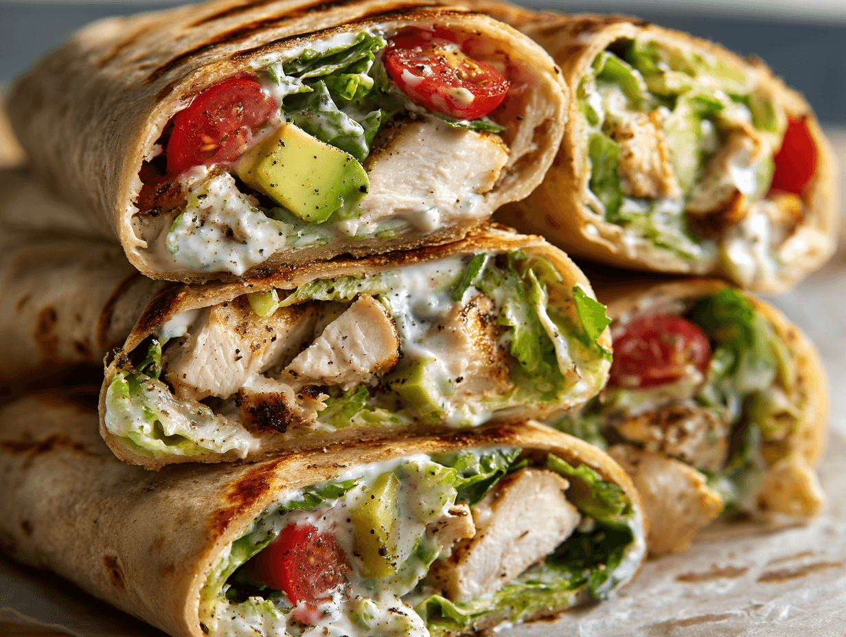 chicken caesar wrap with avocado and cherry tomatoes