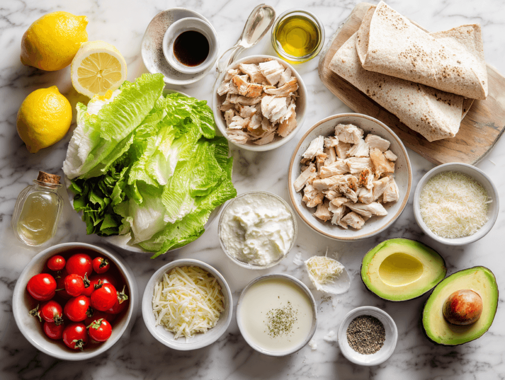 flat lay of chicken caesar wrap ingredients