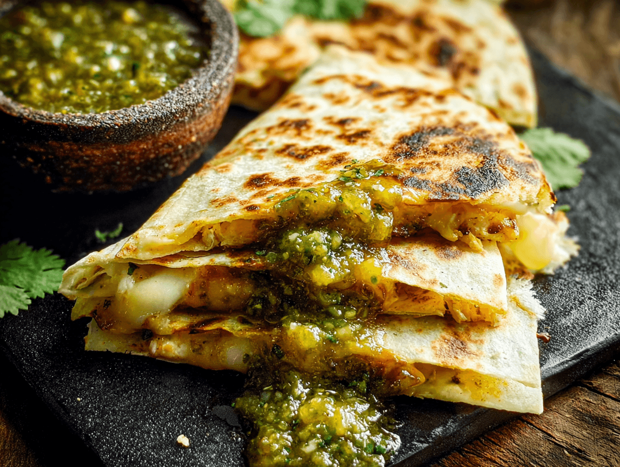 Chicken Quesadillas with Salsa Verde – Easy, Crispy & Flavor-Packed 4 Chicken Quesadillas with Salsa Verde crispy and sliced