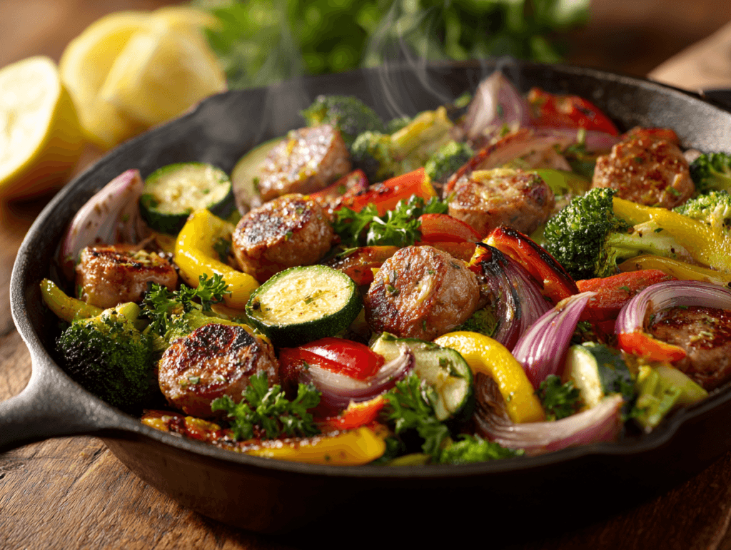 Chicken Sausage Veggie Skillet in a cast-iron pan