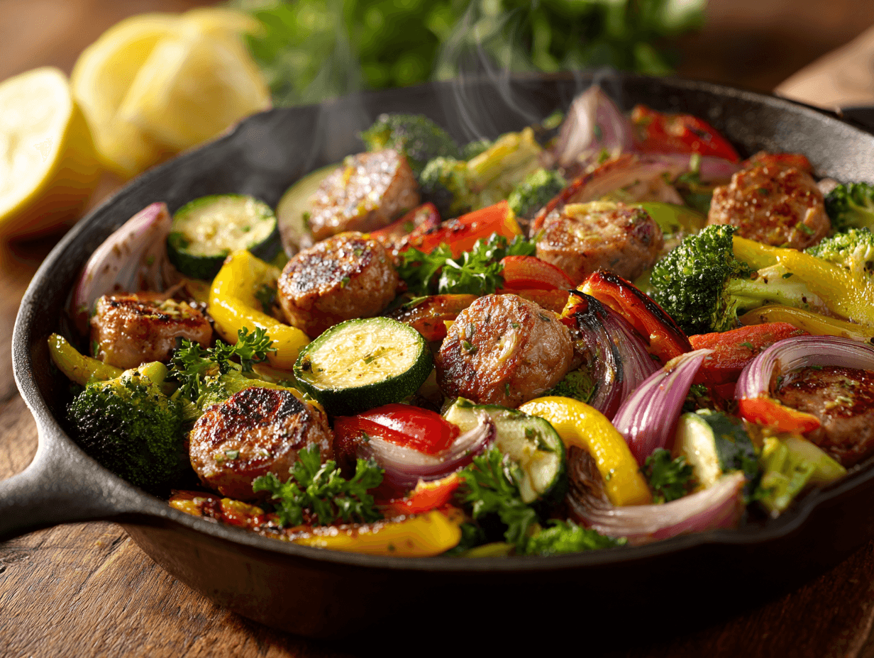 Chicken Sausage Veggie Skillet: Fast, Satisfying One-Pan Dinner 4 Chicken Sausage Veggie Skillet in a cast-iron pan