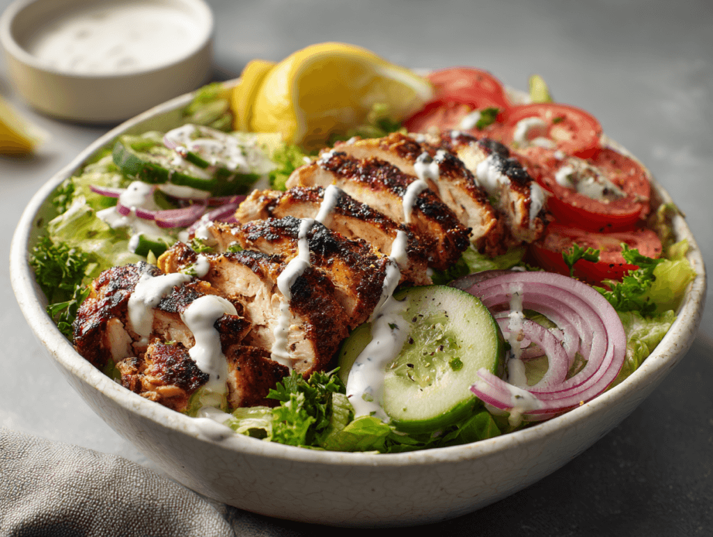 Chicken Shawarma Salad Yogurt Sauce bowl with spiced chicken and fresh salad