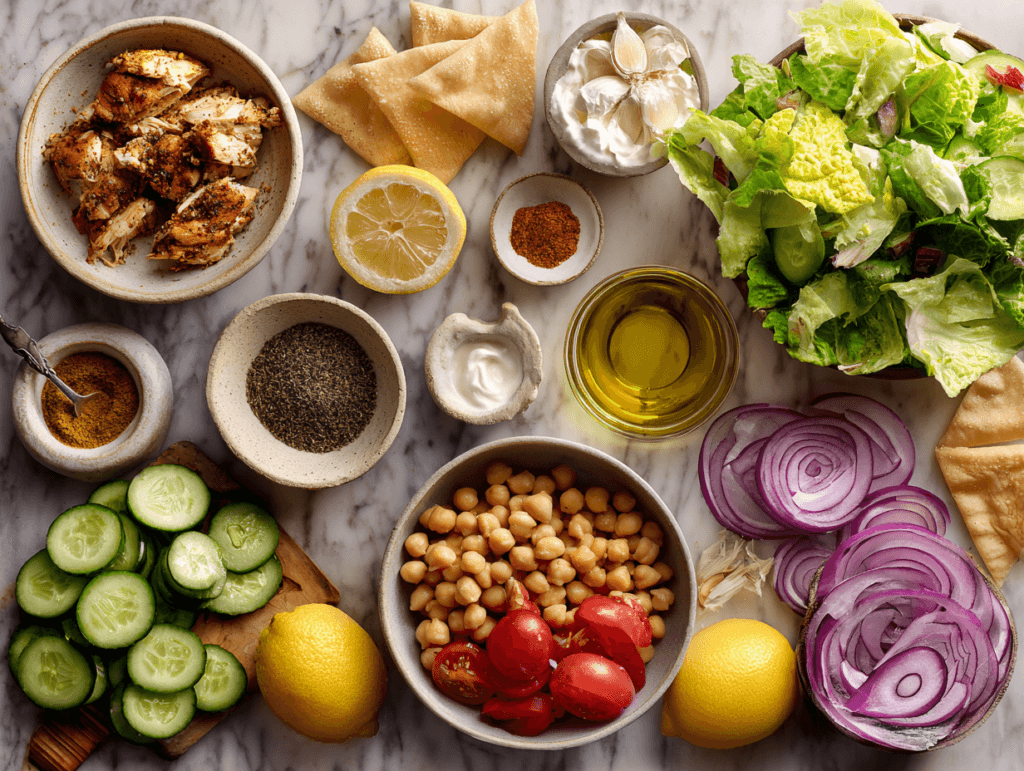 Chicken Shawarma Salad Yogurt Sauce with bright flavor and zero heaviness 2 Ingredients for Chicken Shawarma Salad Yogurt Sauce and shawarma salad bowl