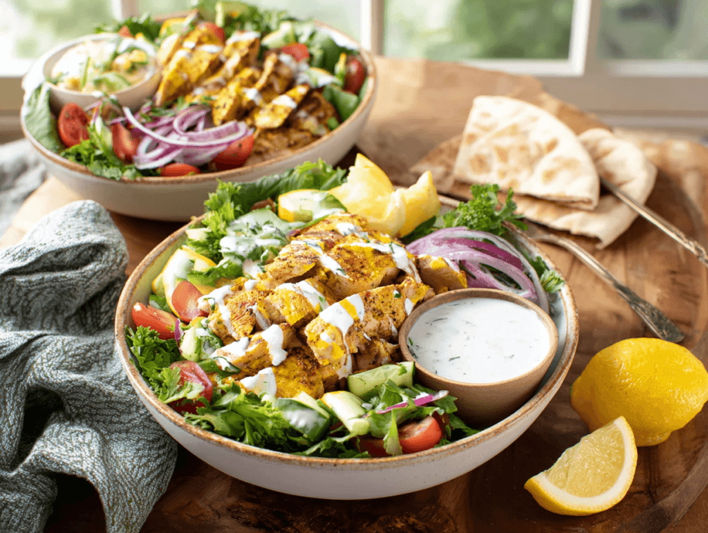 Chicken Shawarma Salad Yogurt Sauce with bright flavor and zero heaviness 3 Serving Chicken Shawarma Salad Yogurt Sauce with pita and toppings