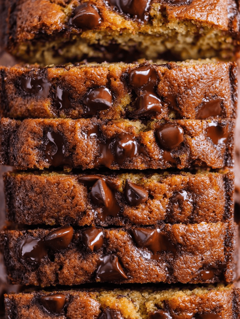 chocolate chip banana bread recipe close up with melted chocolate chips