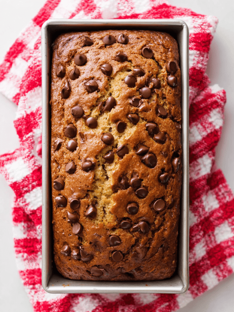 chocolate chip banana bread recipe baked in loaf pan