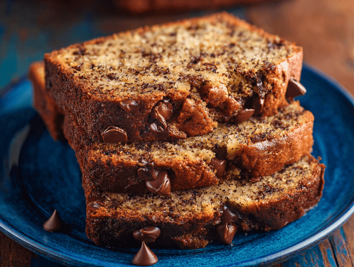 chocolate chip banana bread recipe sliced and served