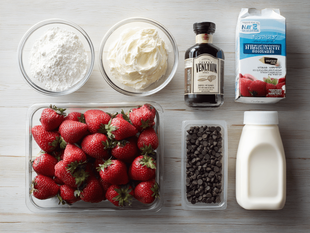 Ingredients for chocolate covered cheesecake strawberries including strawberries, cream cheese, chocolate chips, and heavy cream